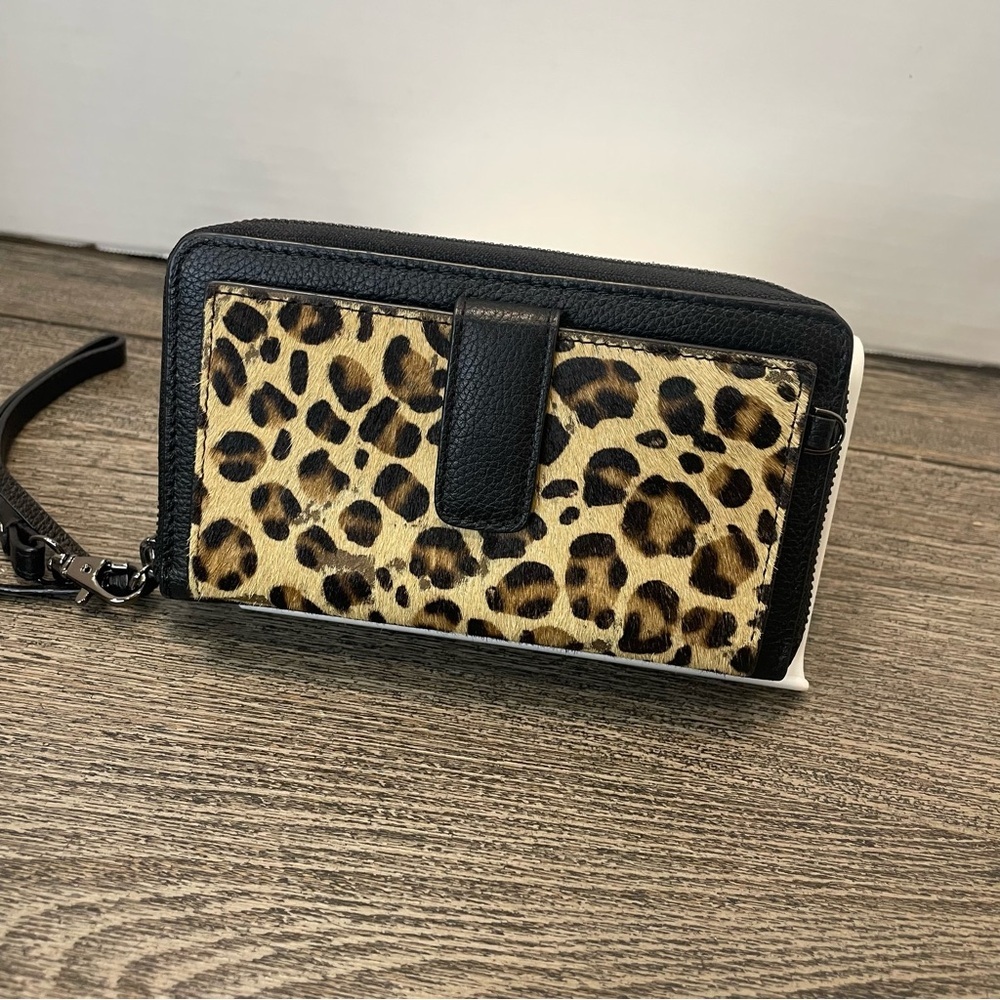 Rachel Roy RFID Woman’s Wallet Black Leather & Cheetah Print Wristlet Strap.used